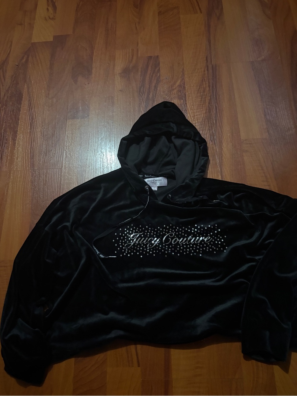 Juicy Couture Black Velour Hooded Jacket with Rhinestone Logo